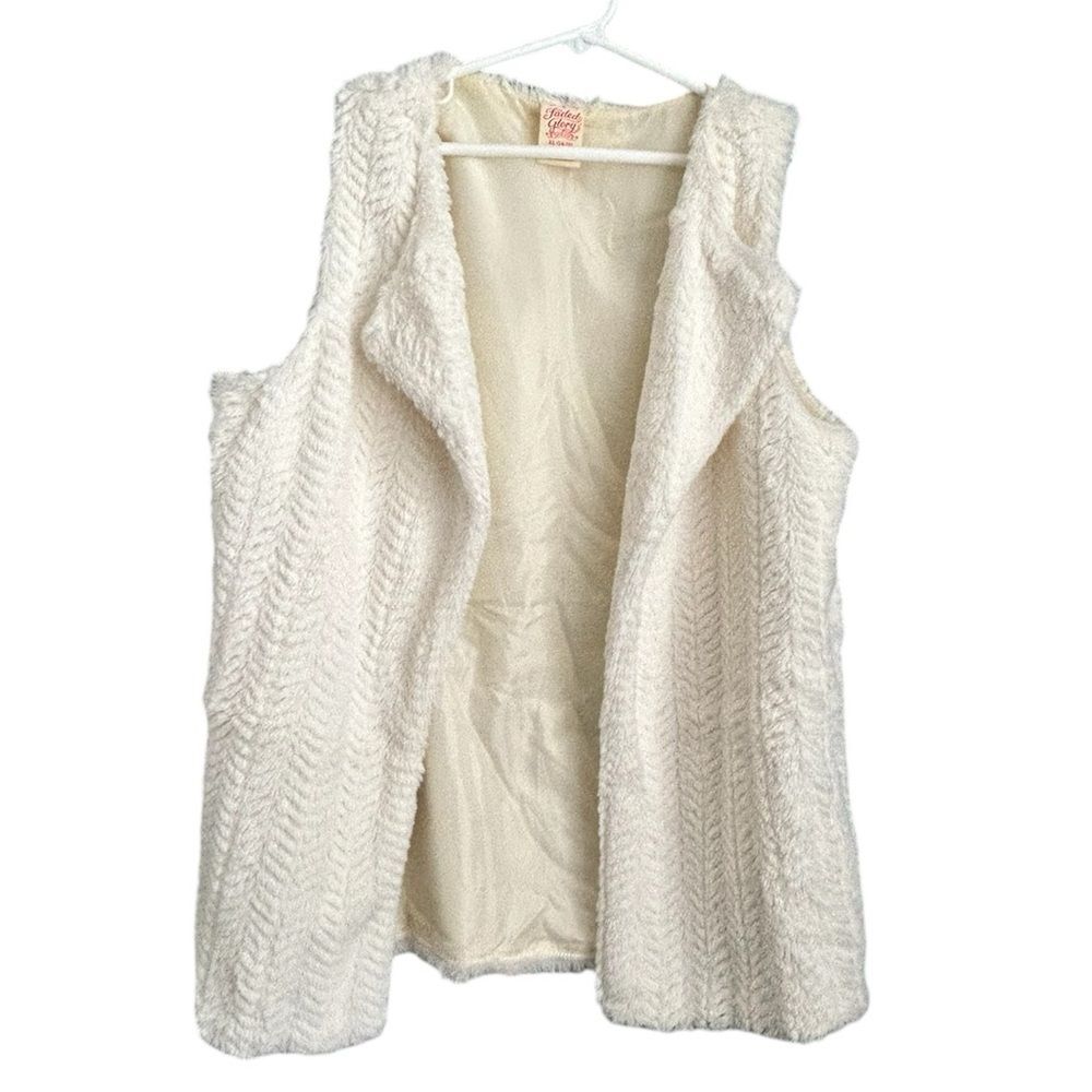 Faded Glory Off White Furry Open Collared Long Vest Size XL 14/16